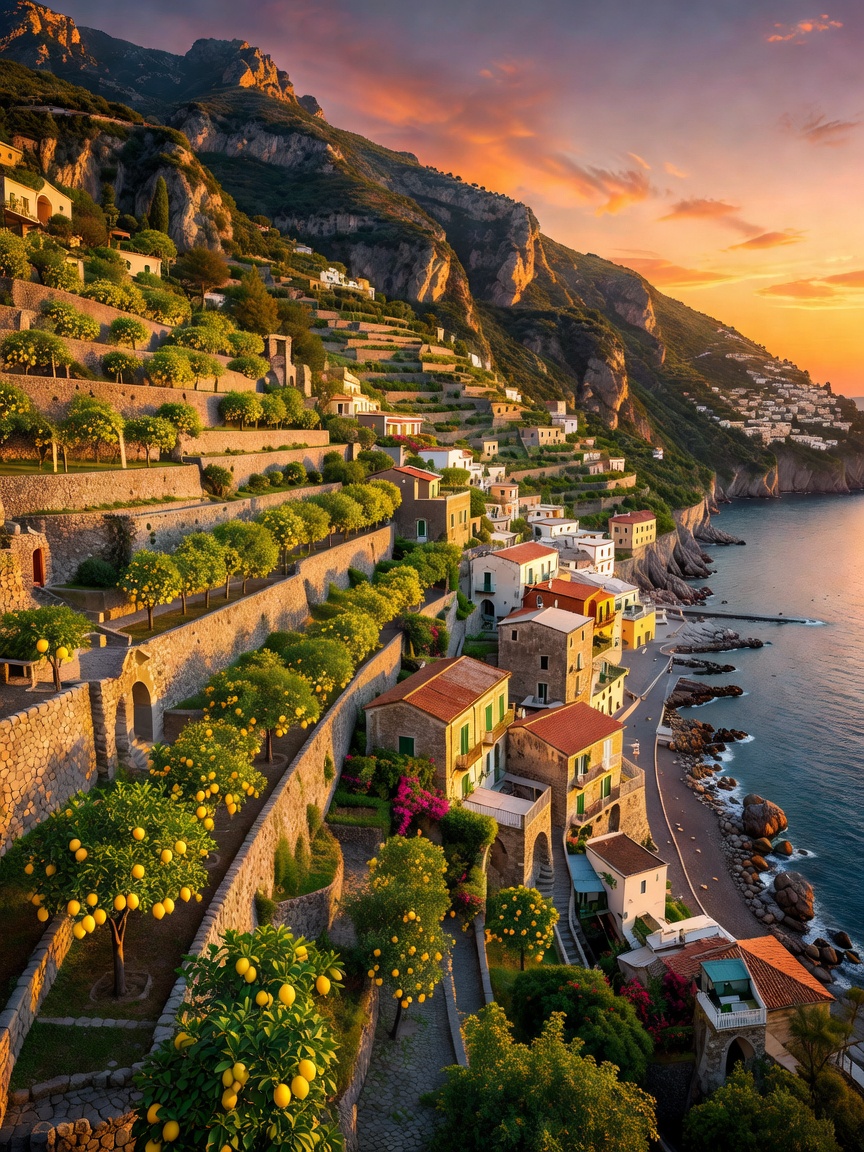Steep Amalfi Coast lemon terraces descending toward a historic town and rocky bay at sunset