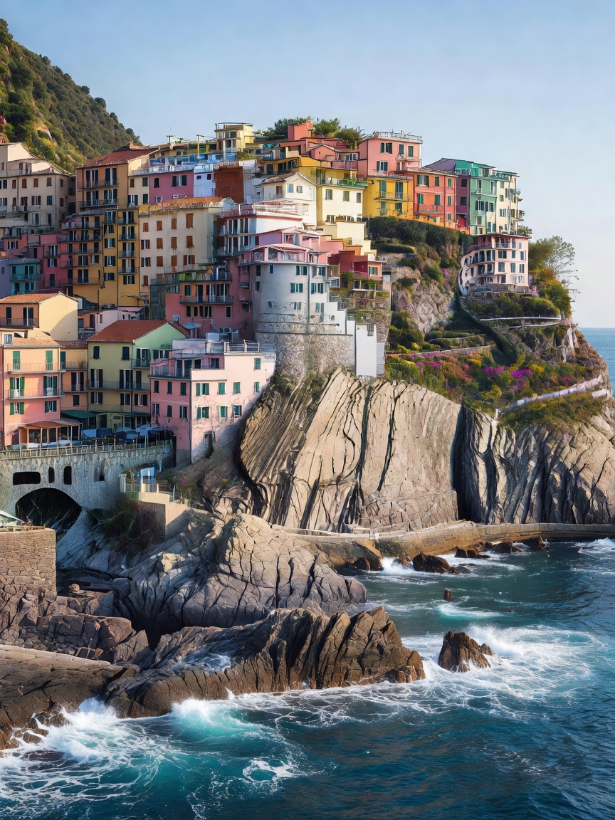 Pastel houses clustered vertically on a rugged Cinque Terre cliff above the Tyrrhenian Sea