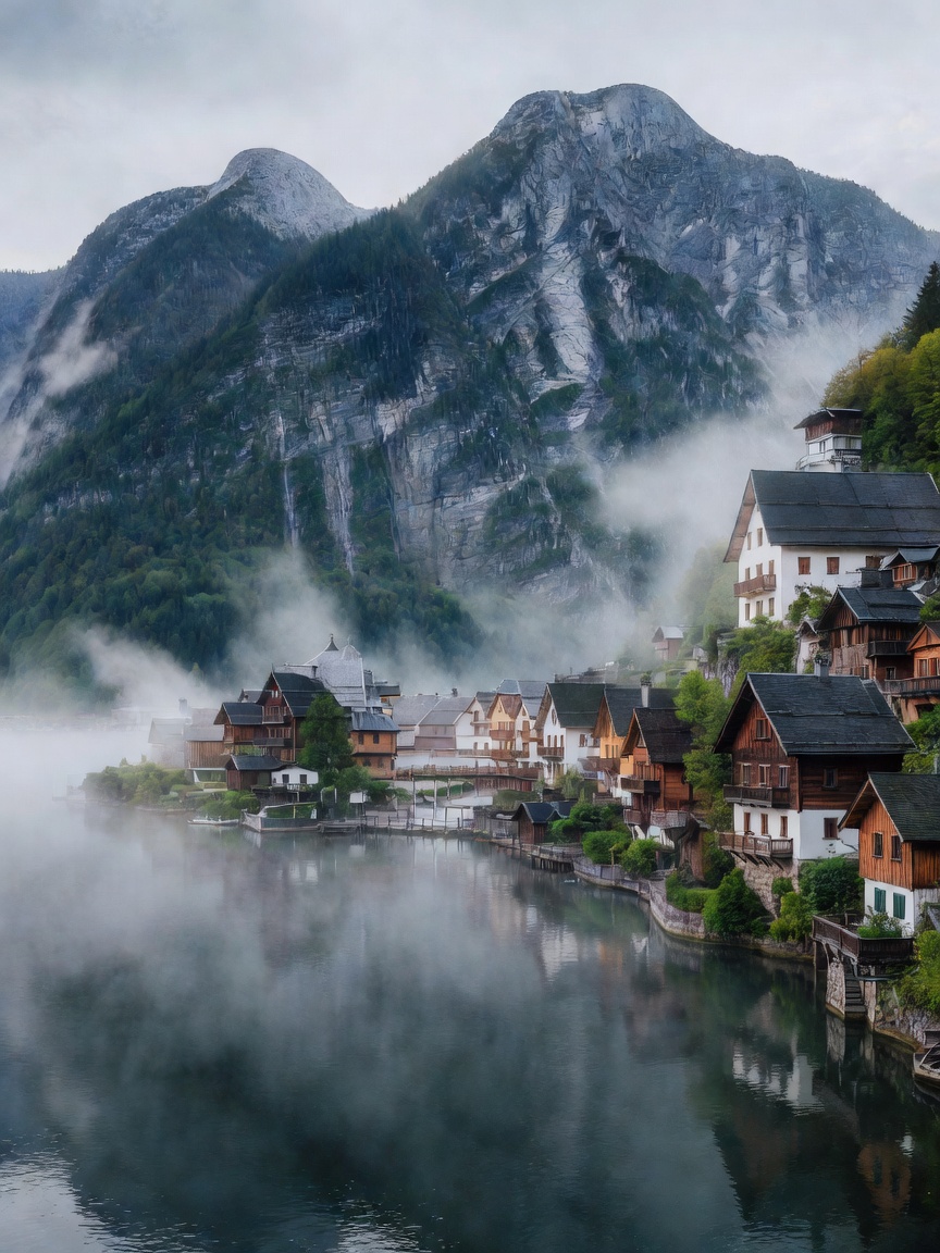 Timber-framed Hallstatt homes beside a mist-covered alpine lake and steep dark rock faces