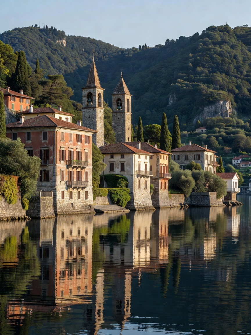 Historic Lake Como villas and stone bell towers beside a glass-like lake and dark green hills
