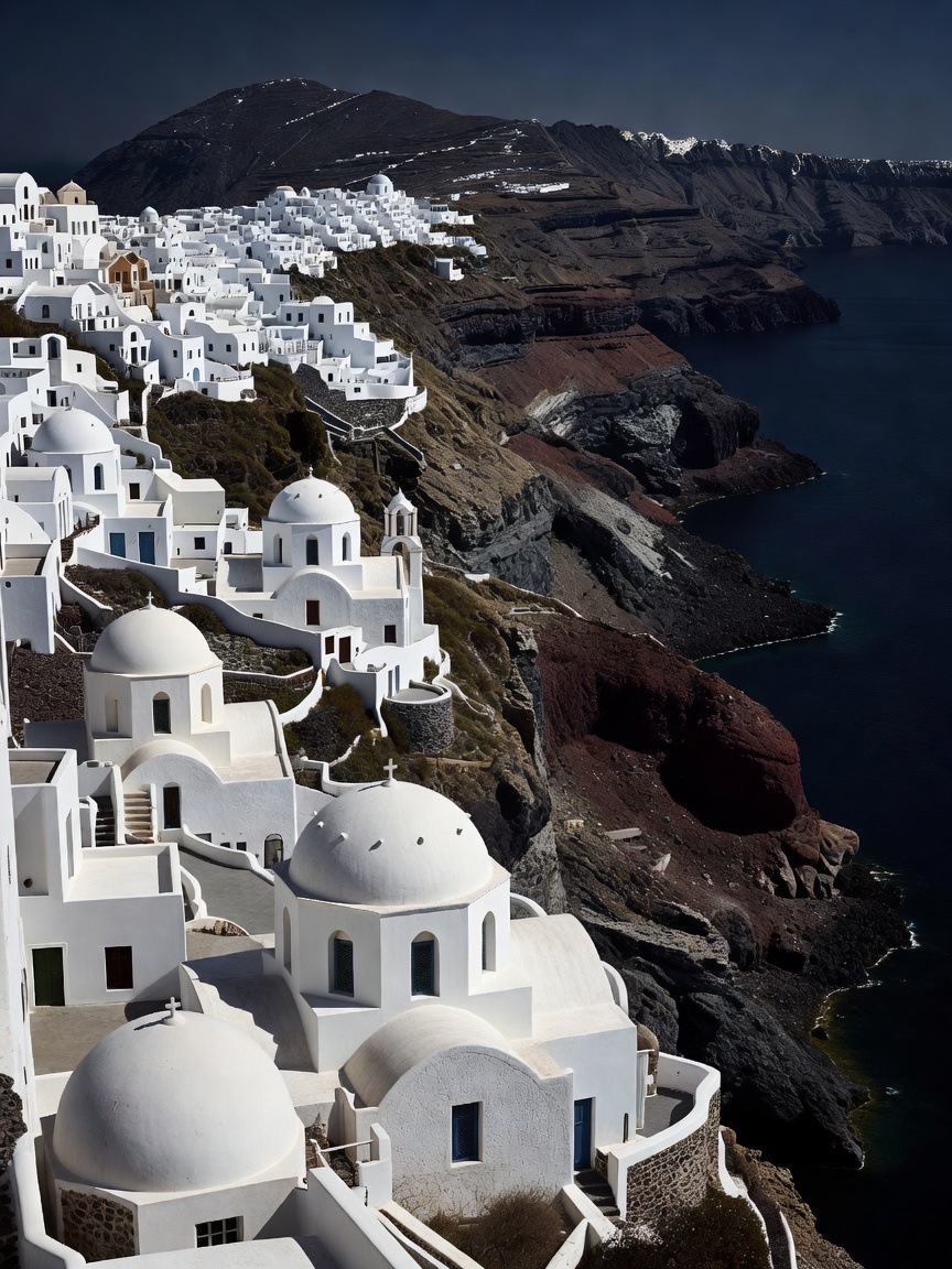 Stark white cubic Santorini houses and rounded domes overlooking the dark volcanic caldera
